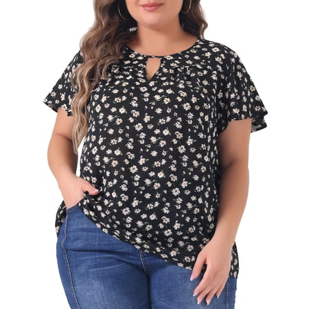 DARING DIVA Women's Plus Ruffle Short Sleeve Keyhole Chiffon Blouse 2X Black Pink
