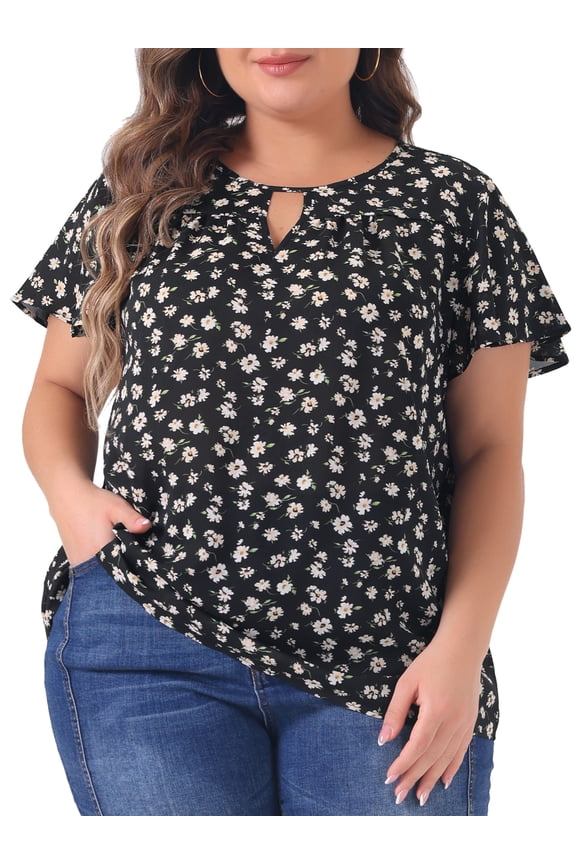 DARING DIVA Women's Plus Ruffle Short Sleeve Keyhole Chiffon Blouse 2X Black Pink