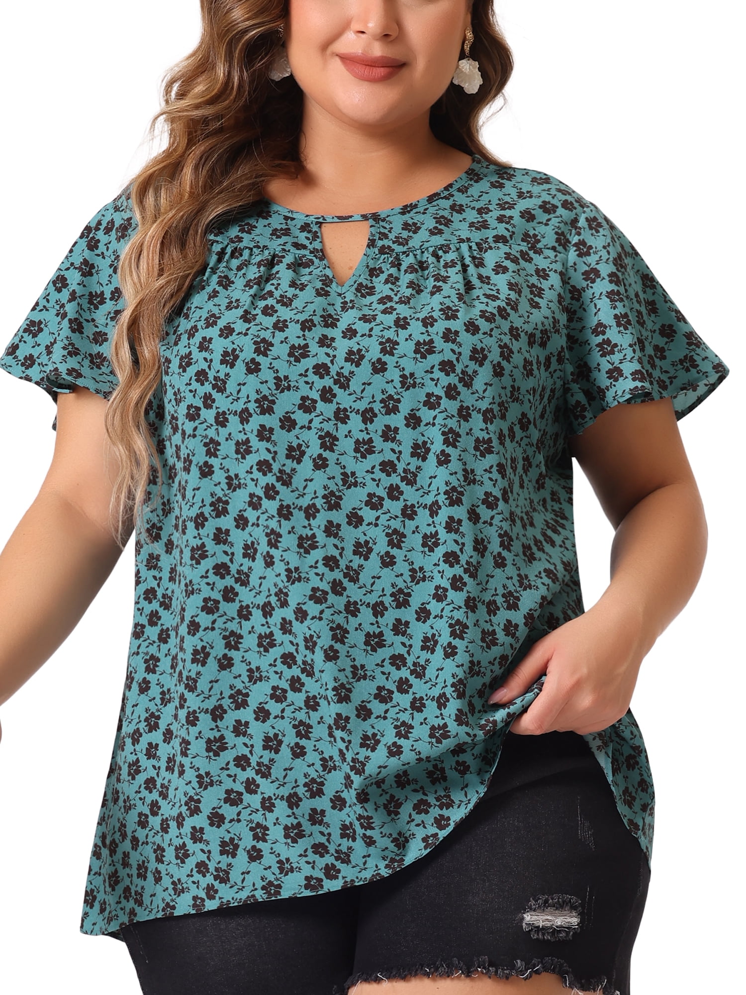 DARING DIVA Women's Plus Ruffle Short Sleeve Keyhole Chiffon Blouse 3X Blue Green