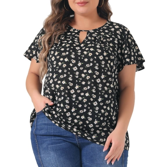 DARING DIVA Women's Plus Ruffle Short Sleeve Keyhole Chiffon Blouse 4X Black Pink