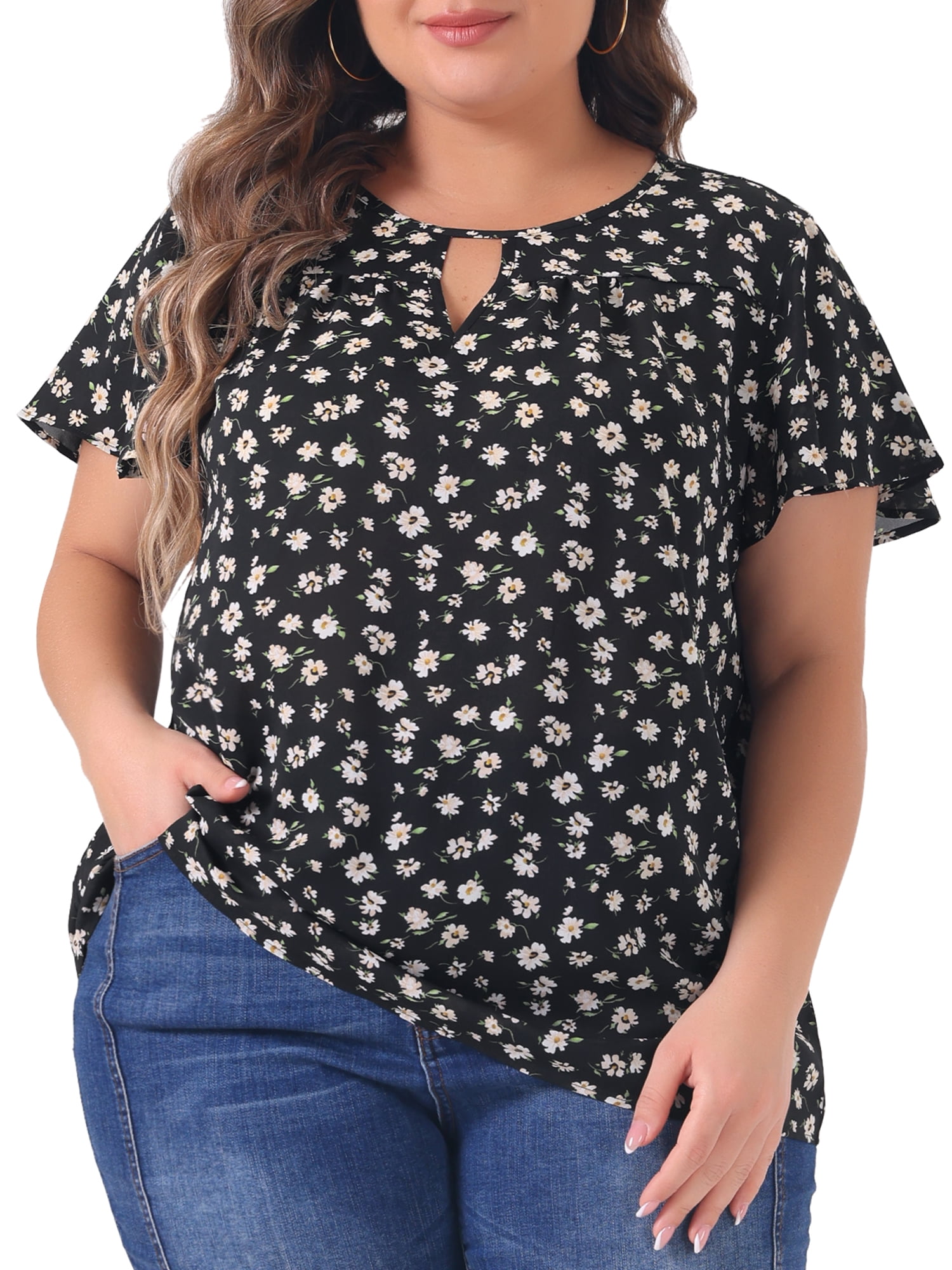 DARING DIVA Women's Plus Ruffle Short Sleeve Keyhole Chiffon Blouse L Black Pink