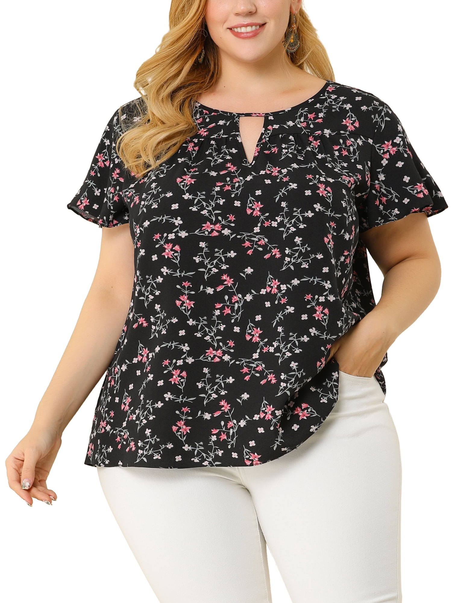 DARING DIVA Women's Plus Ruffle Short Sleeve Keyhole Chiffon Blouse L Black