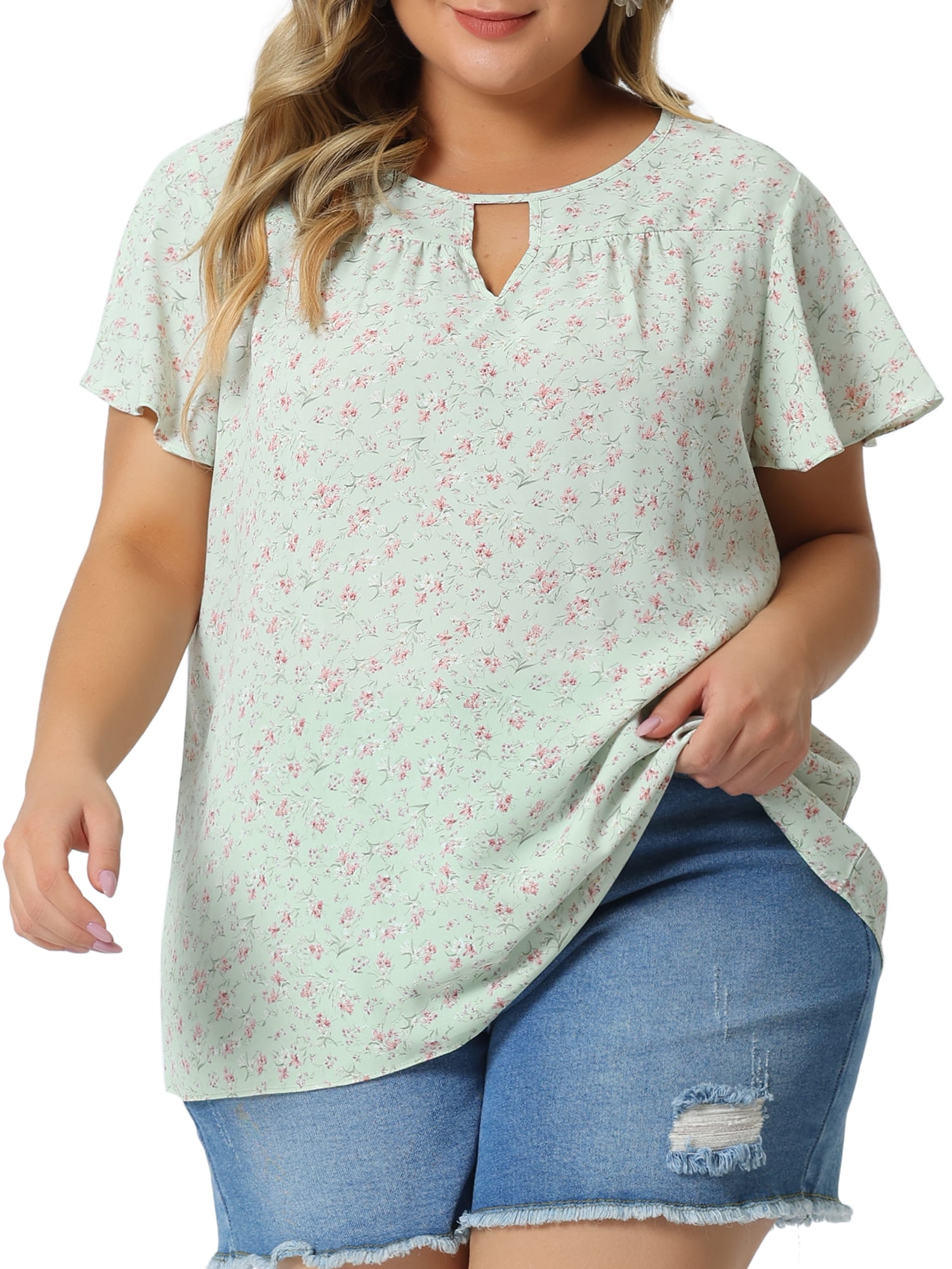 DARING DIVA Women's Plus Ruffle Short Sleeve Keyhole Chiffon Blouse L Light Green