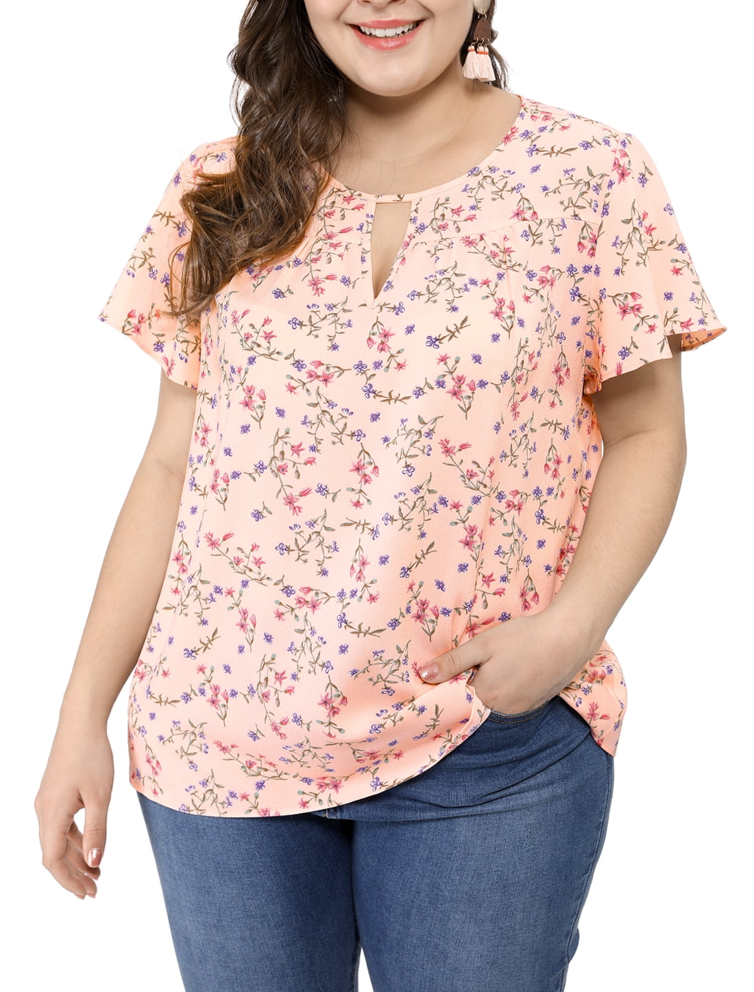 DARING DIVA Women's Plus Ruffle Short Sleeve Keyhole Chiffon Blouse L Pink