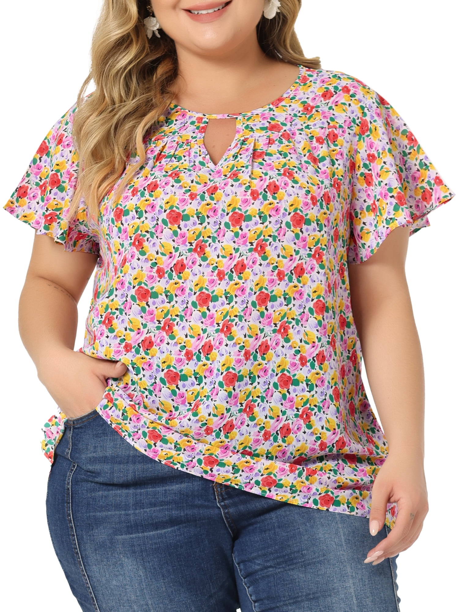 DARING DIVA Women's Plus Ruffle Short Sleeve Keyhole Chiffon Blouse L Red Pink