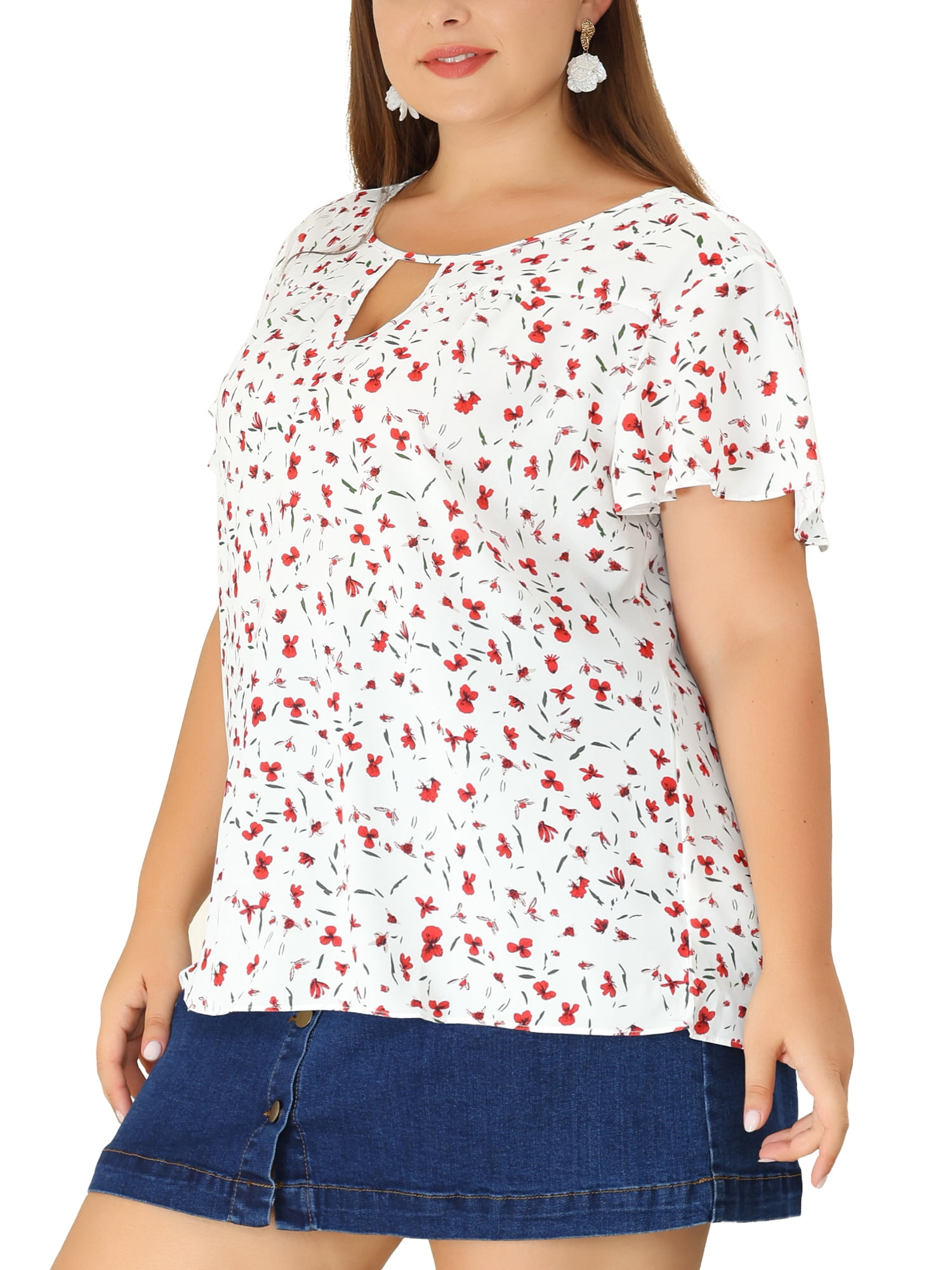 DARING DIVA Women's Plus Ruffle Short Sleeve Keyhole Chiffon Blouse L White Red