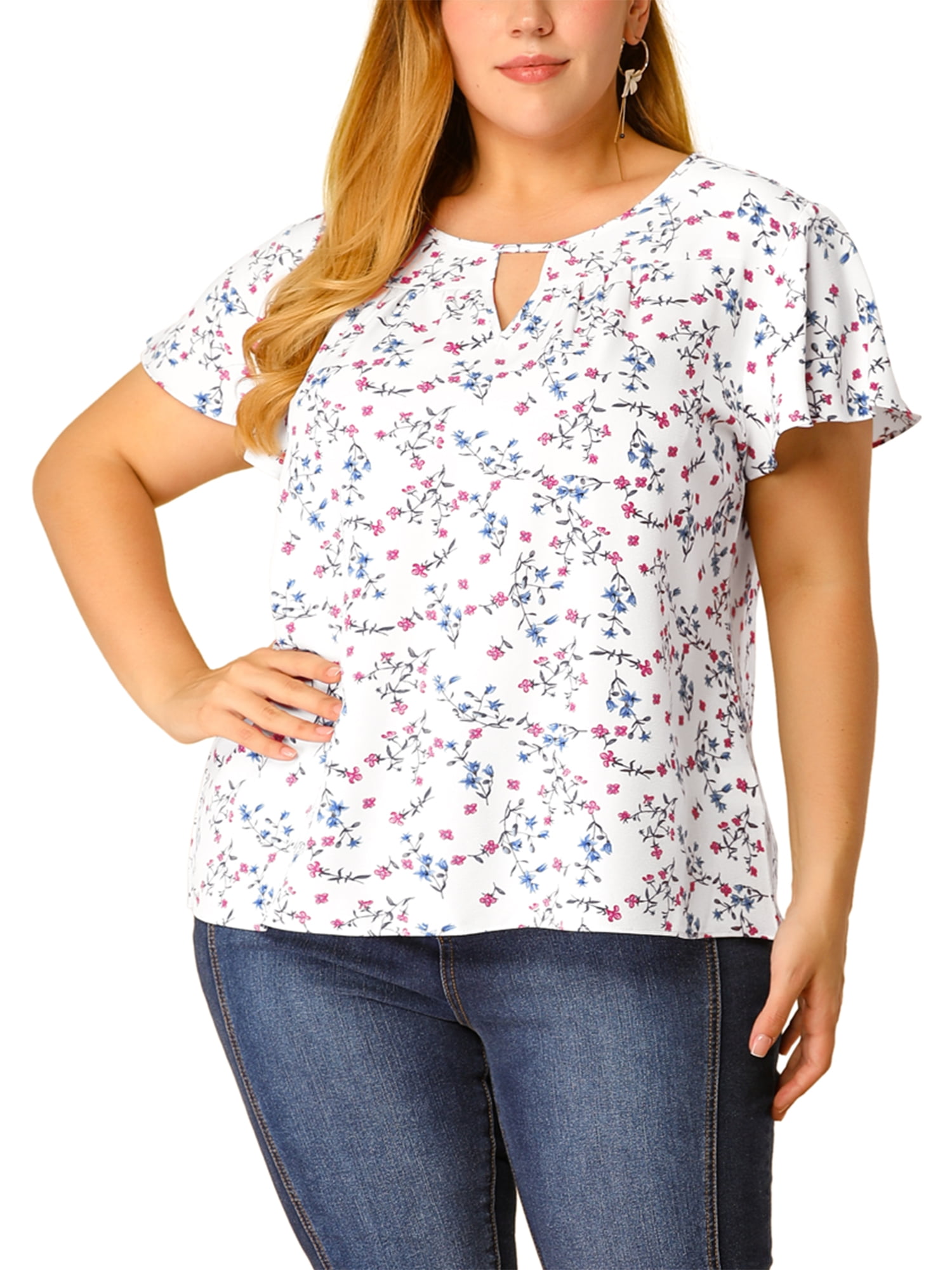 DARING DIVA Women's Plus Ruffle Short Sleeve Keyhole Chiffon Blouse L White