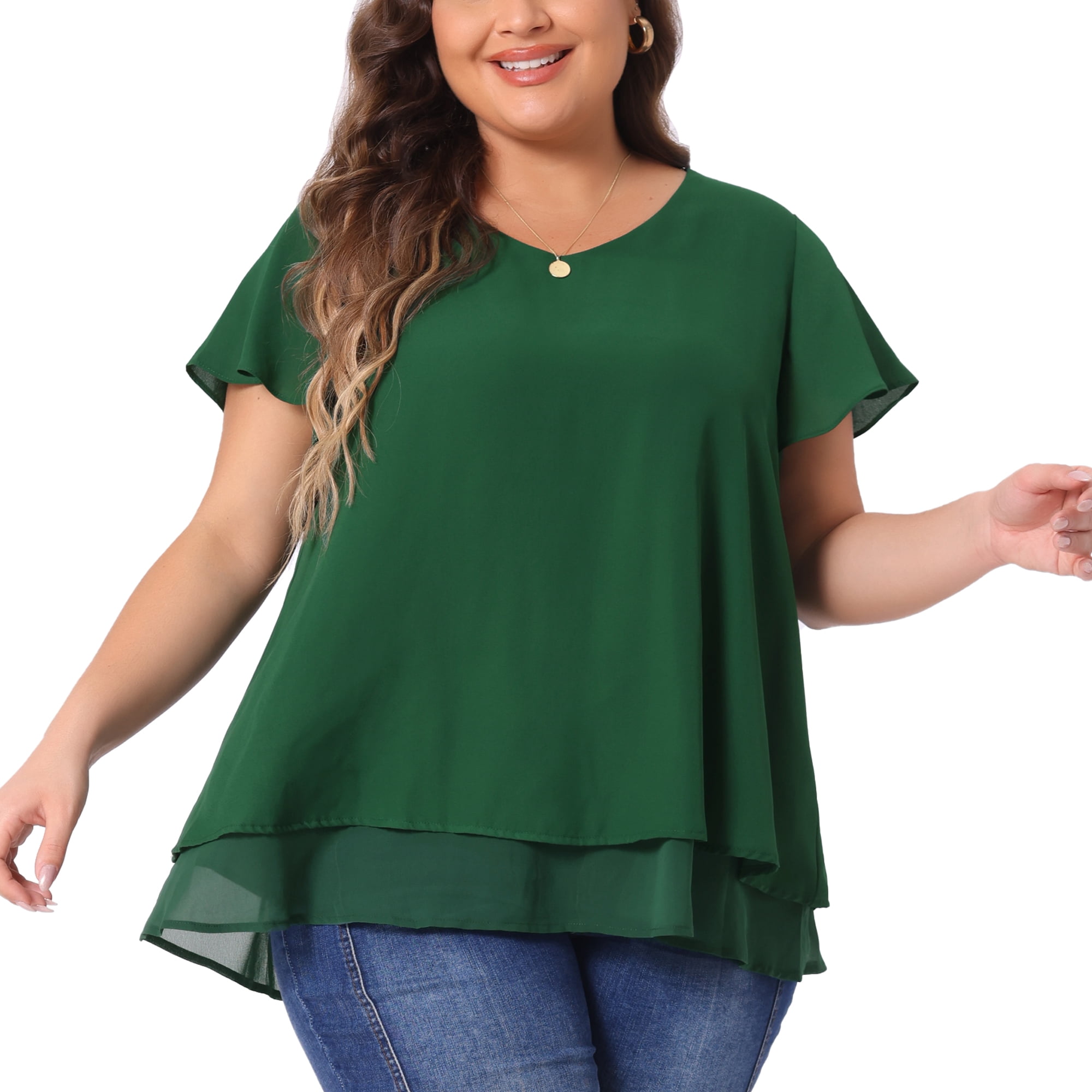 Unique Bargains Women's Plus Size Ruffle Short Sleeve V Neck Chiffon Blouse 1X Green