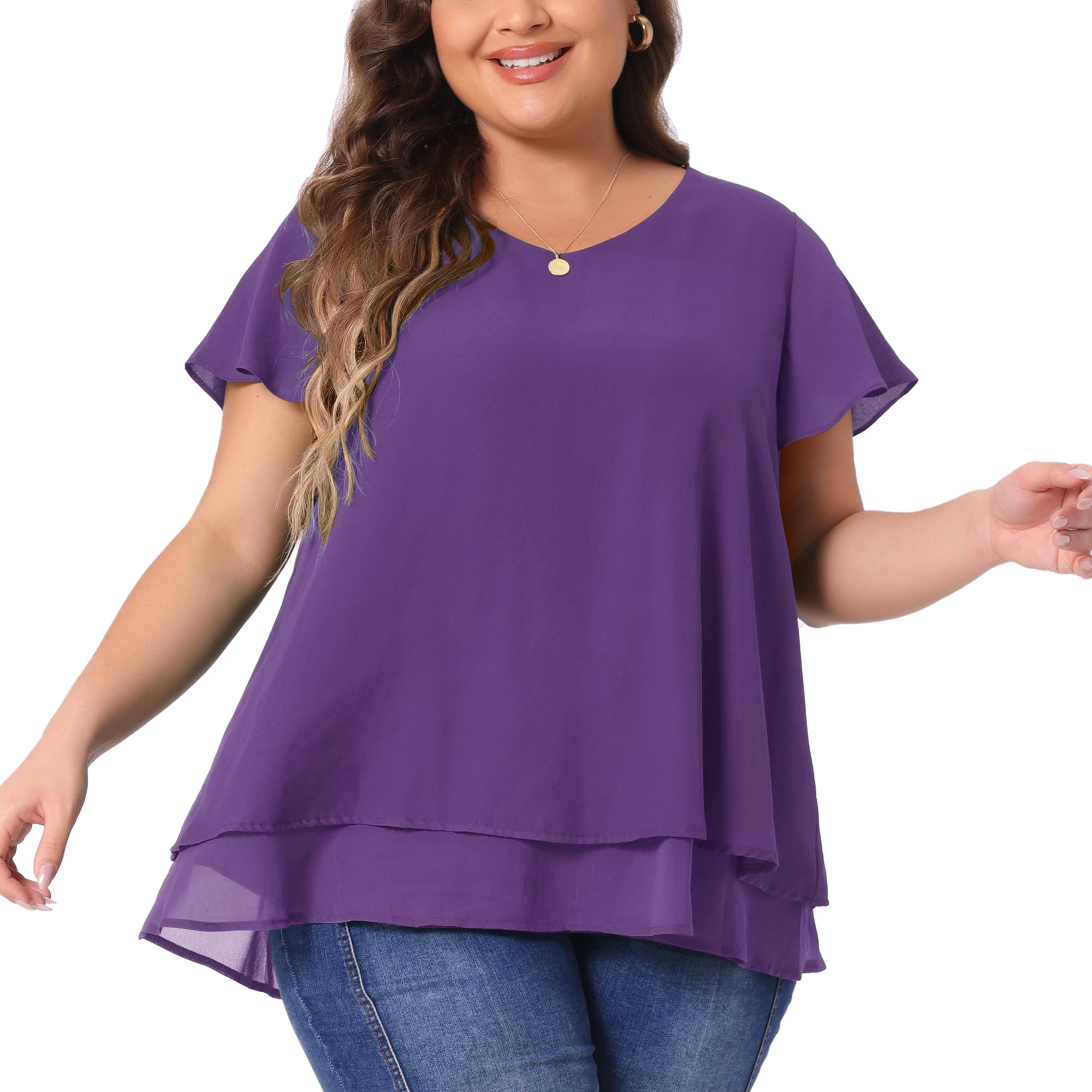 Unique Bargains Women's Plus Size Ruffle Short Sleeve V Neck Chiffon Blouse 2X Purple