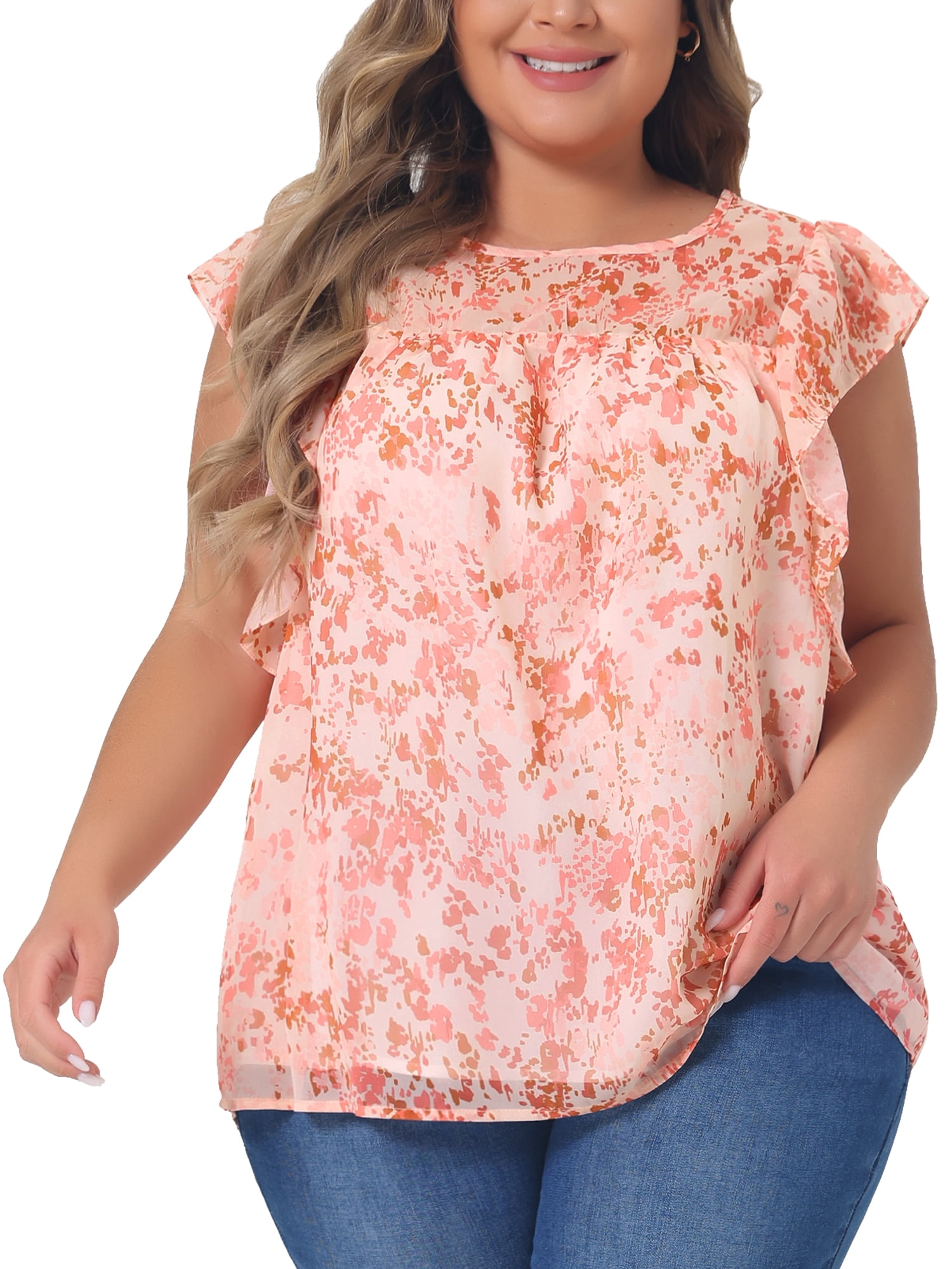 DARING DIVA Women's Plus Ruffle Sleeve Keyhole Back Chiffon Blouse 1X Light Orange