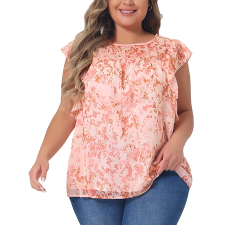 DARING DIVA Women's Plus Ruffle Sleeve Keyhole Back Chiffon Blouse 1X Light Orange