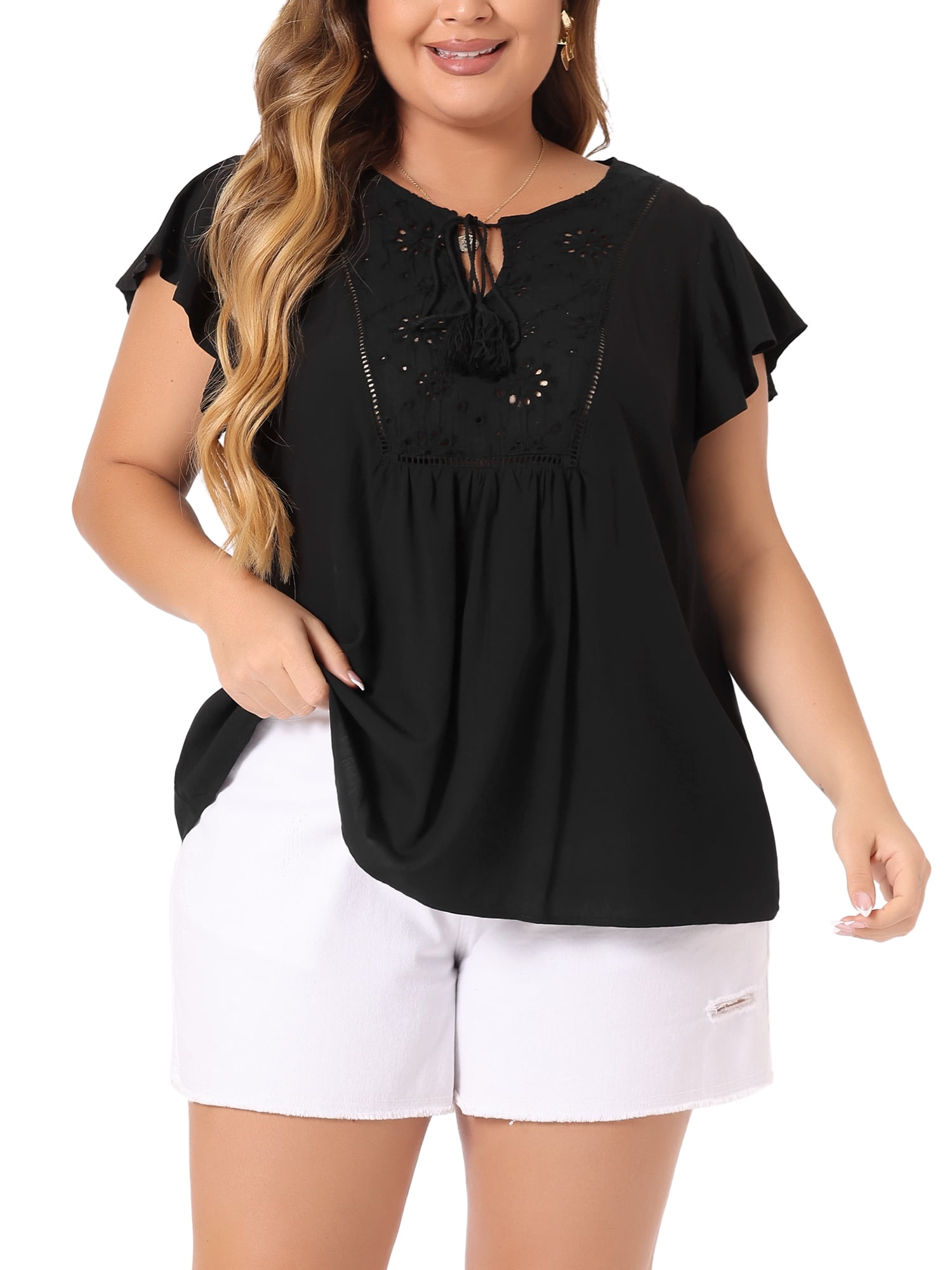 DARING DIVA Women's Plus Ruffle Sleeve Peasant Tie Neck Boho Top 2X Black