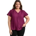 thumbnail image 1 of DARING DIVA Women's Plus Ruffle Sleeve V Neck Button Decor Blouse 2X Purple Red, 1 of 5