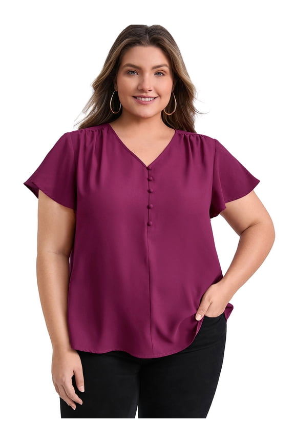 Women's Plus Ruffle Sleeve V Neck Button Decor Blouse 2X Purple Red