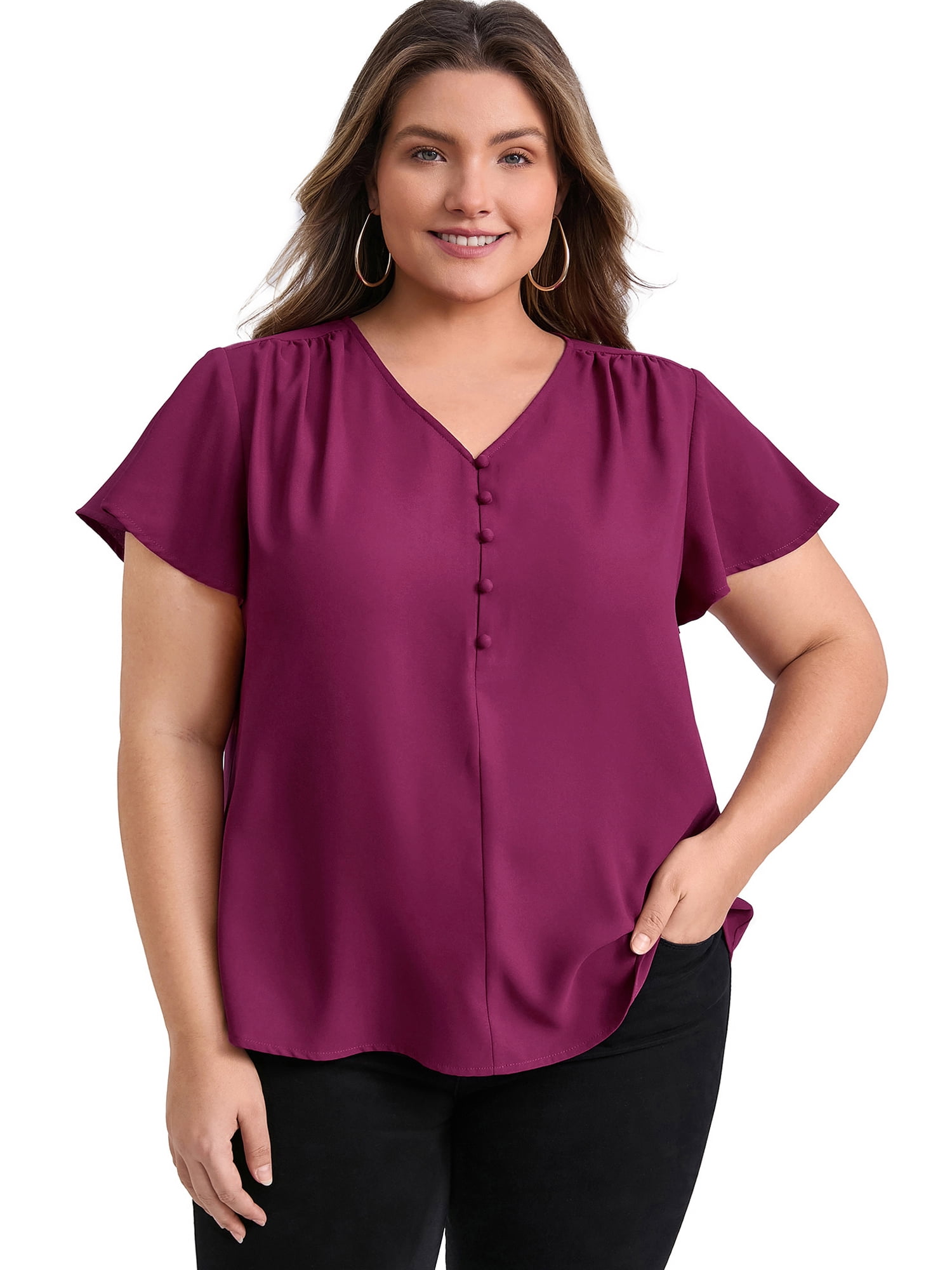 DARING DIVA Women's Plus Ruffle Sleeve V Neck Button Decor Blouse 4X Purple Red