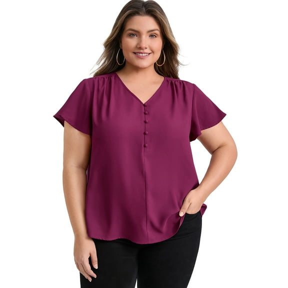 DARING DIVA Women's Plus Ruffle Sleeve V Neck Button Decor Blouse 4X Purple Red