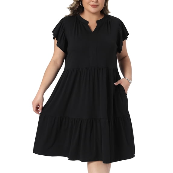 DARING DIVA Women's Plus Ruffle Sleeve V Neck Flowy Tiered Midi Dresses 1X Black