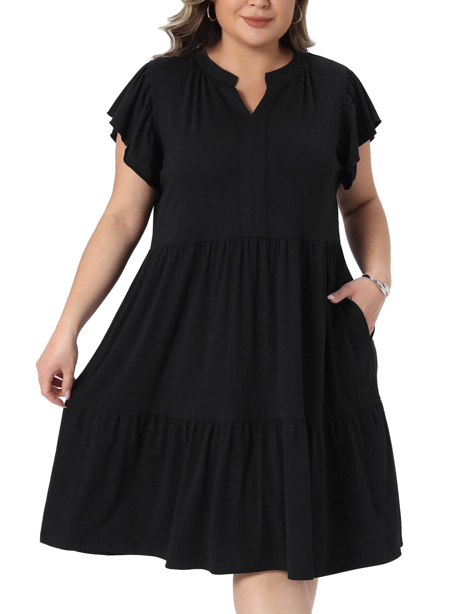 DARING DIVA Women's Plus Ruffle Sleeve V Neck Flowy Tiered Midi Dresses 3X Black