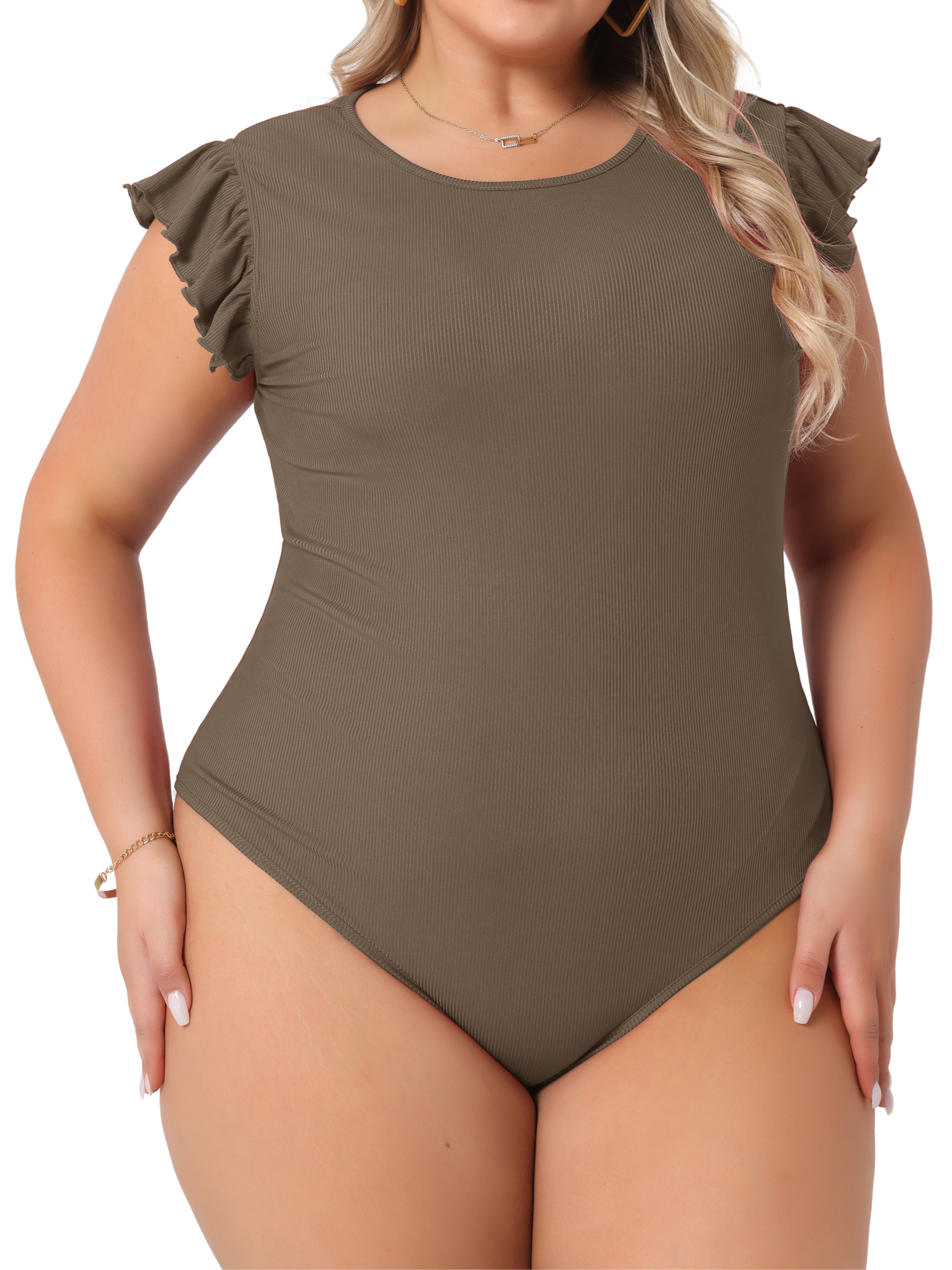 DARING DIVA Women's Plus Ruffle Sleeveless Slim Fit Stretchy Bodysuit 1X Light Brown