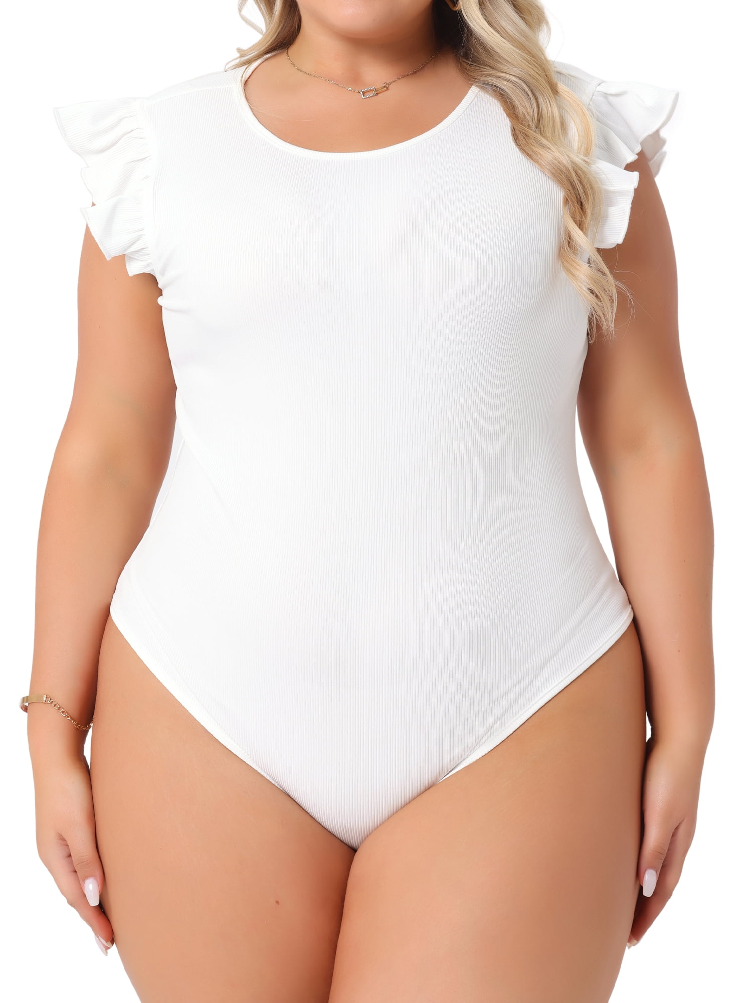 DARING DIVA Women's Plus Ruffle Sleeveless Slim Fit Stretchy Bodysuit 1X White