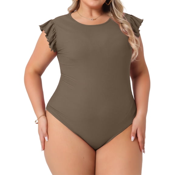 DARING DIVA Women's Plus Ruffle Sleeveless Slim Fit Stretchy Bodysuit 2X Light Brown