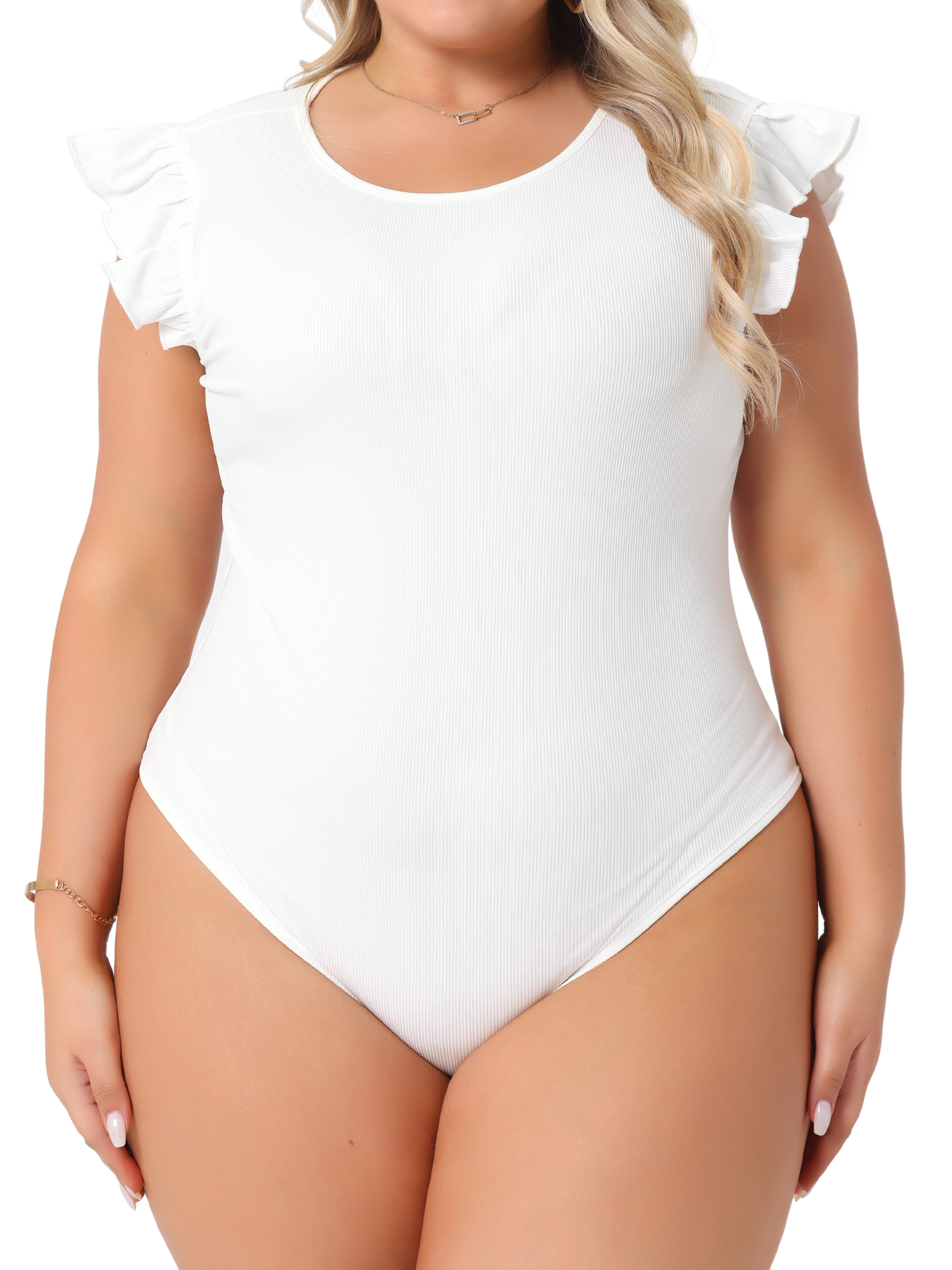 DARING DIVA Women's Plus Ruffle Sleeveless Slim Fit Stretchy Bodysuit 2X White