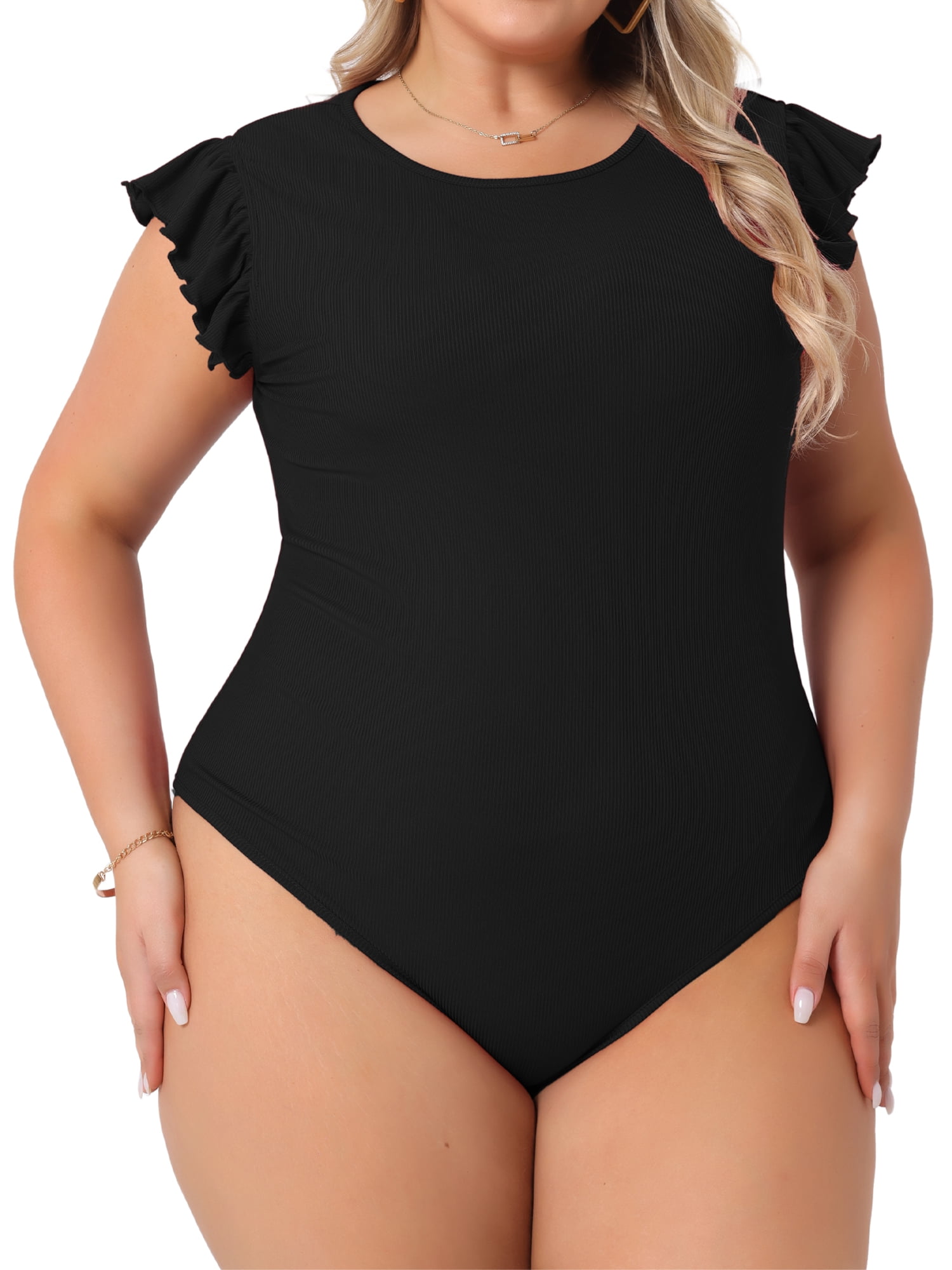 DARING DIVA Women's Plus Ruffle Sleeveless Slim Fit Stretchy Bodysuit 4X Black