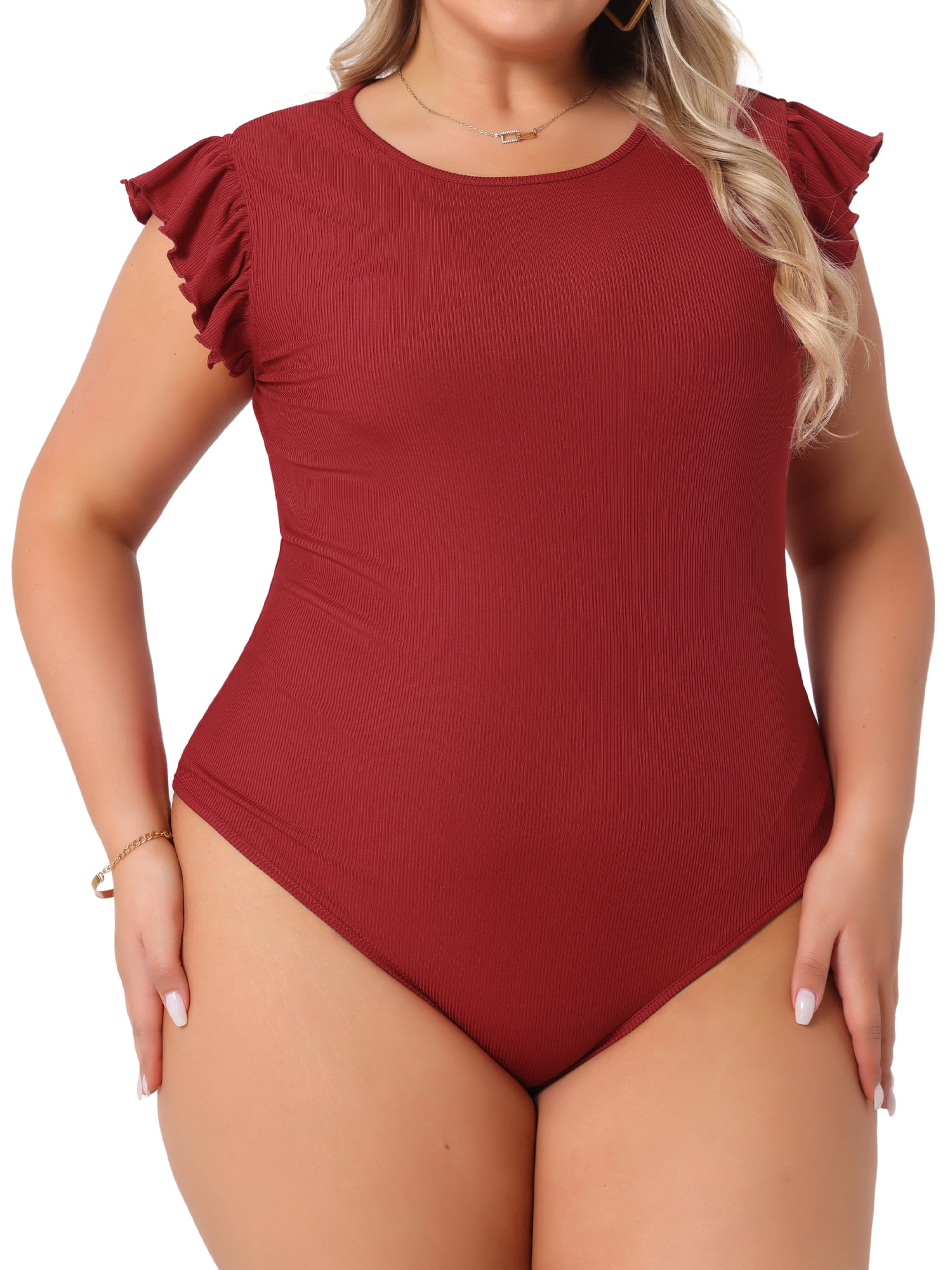 DARING DIVA Women's Plus Ruffle Sleeveless Slim Fit Stretchy Bodysuit 4X Red