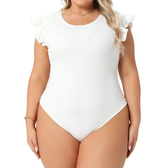 DARING DIVA Women's Plus Ruffle Sleeveless Slim Fit Stretchy Bodysuit 4X White