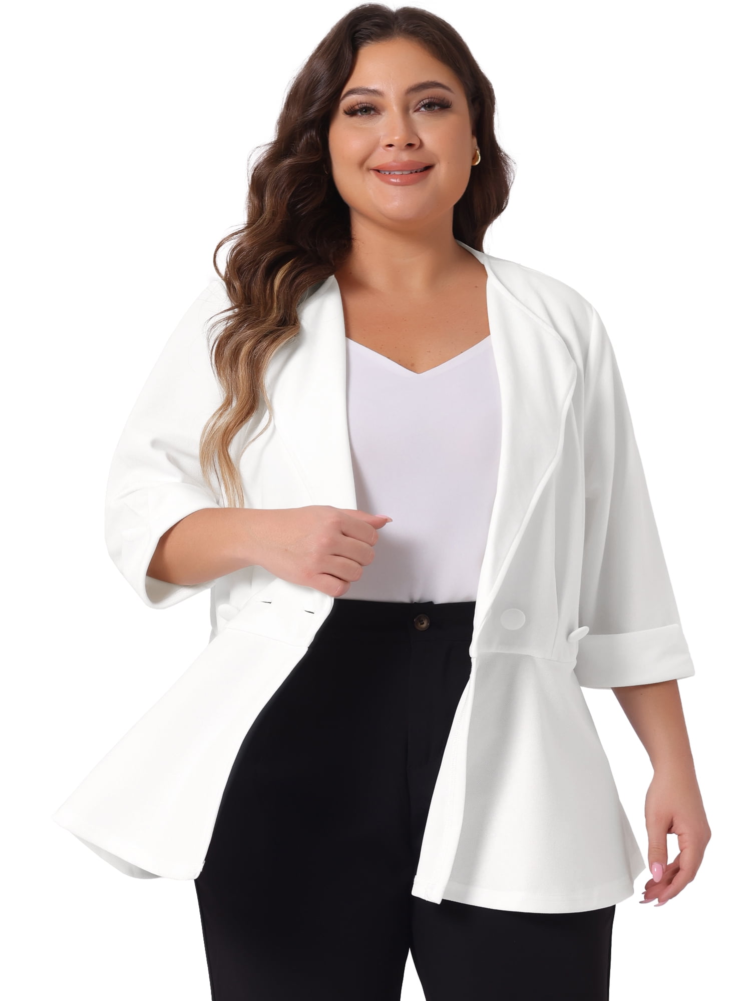 DARING DIVA Women's Plus Ruffle V Neck Business Button Ruched Blazer White 2X