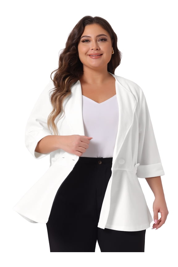 Women's Plus Ruffle V Neck Business Button Ruched Blazer White 2X