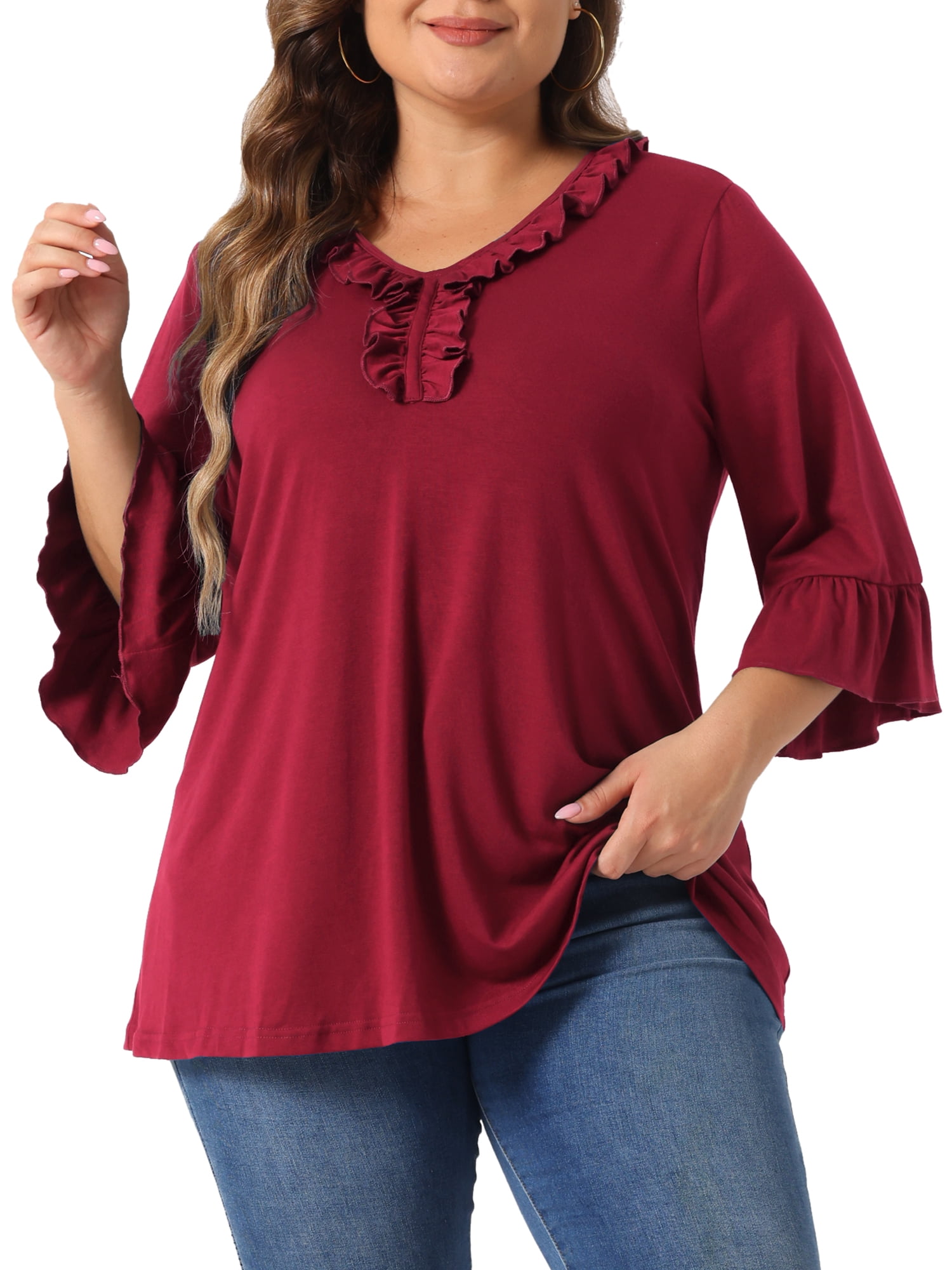 DARING DIVA Women's Plus Ruffle V Neck Tunic Dressy Top 2X Burgundy