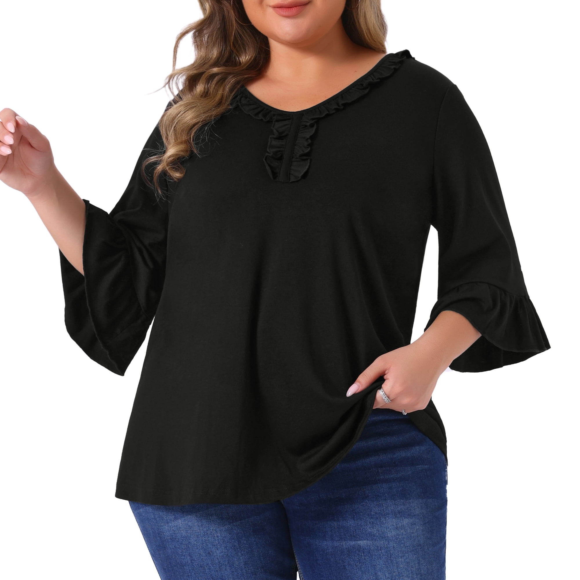 DARING DIVA Women's Plus Ruffle V Neck Tunic Dressy Top 3X Black