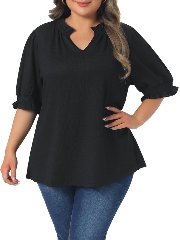 Women's Plus Ruffled Trim V Neck Puff Sleeve Top 4X Black