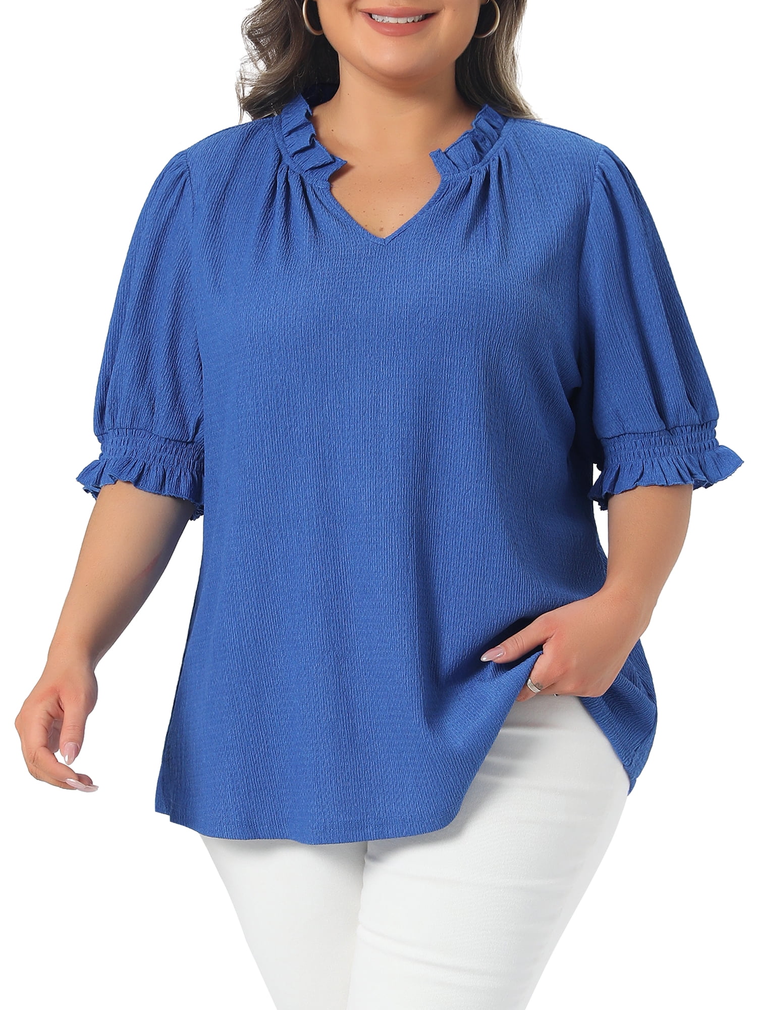 DARING DIVA Women's Plus Ruffled Trim V Neck Puff Sleeve Top 4X Royal Blue