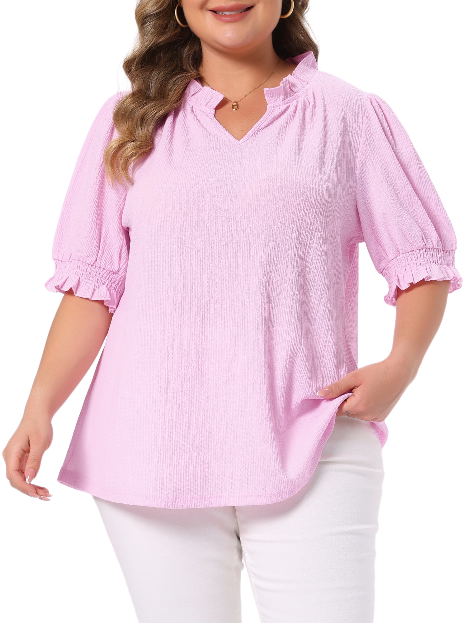 DARING DIVA Women's Plus Ruffled Trim V Neck Puff Sleeve Top 2X Pink