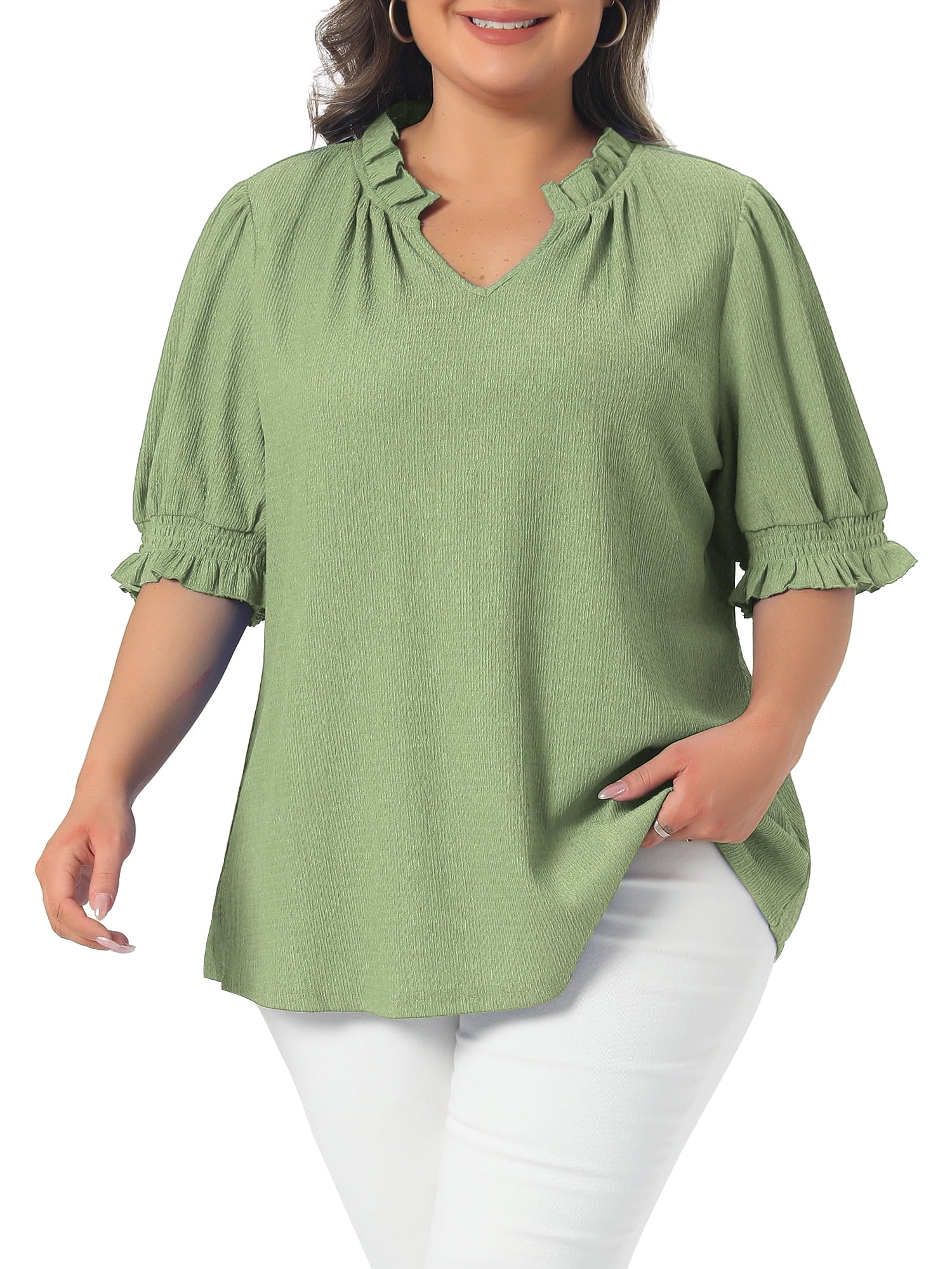 DARING DIVA Women's Plus Ruffled Trim V Neck Puff Sleeve Top 4X Green