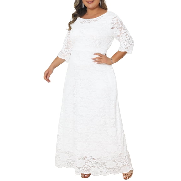 DARING DIVA Women's Plus Scoop Neck 3/4 Sleeves Floral Lace Dresses 3X White