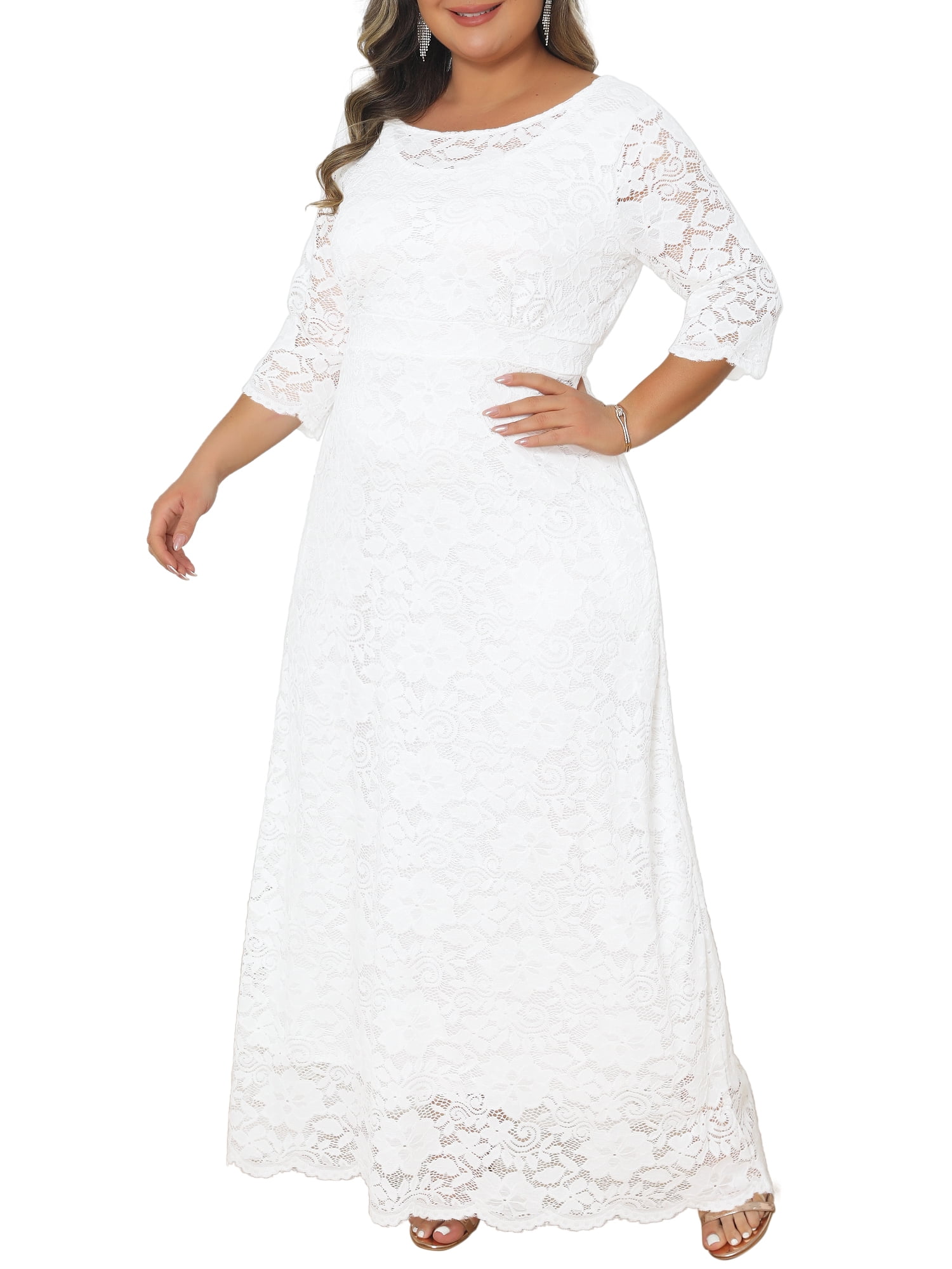 DARING DIVA Women's Plus Scoop Neck 3/4 Sleeves Floral Lace Dresses 5X White