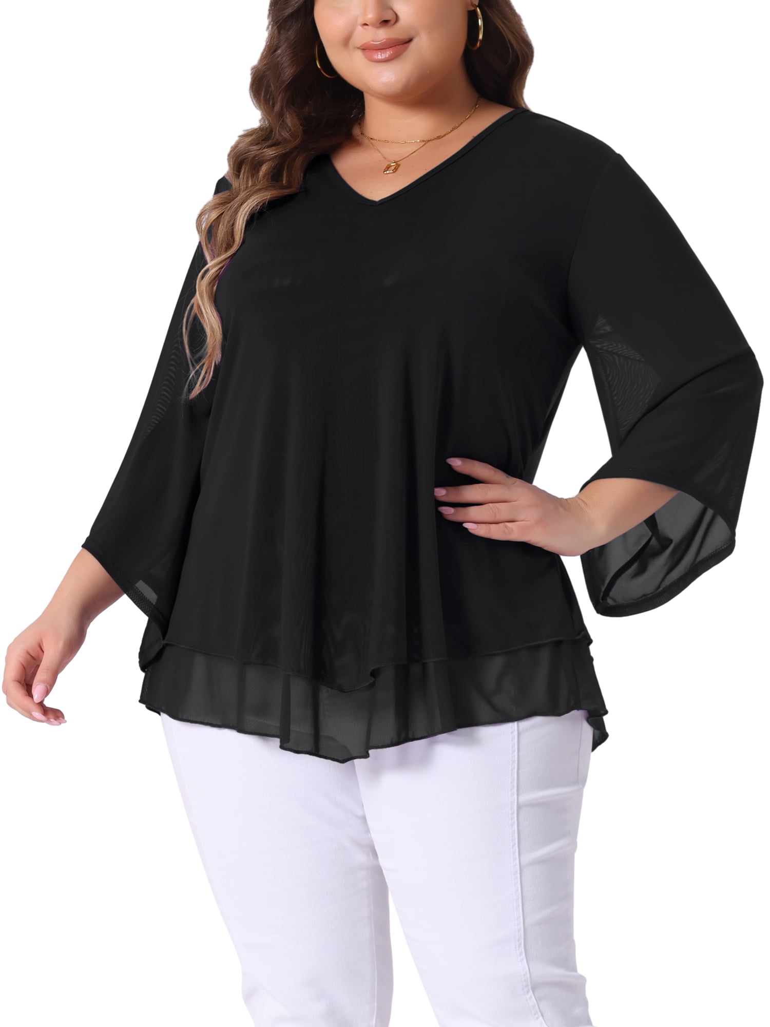 Women's Plus Shirt 3/4 Sleeve Scoop Neck Double Layers Blouse Top 2X Black