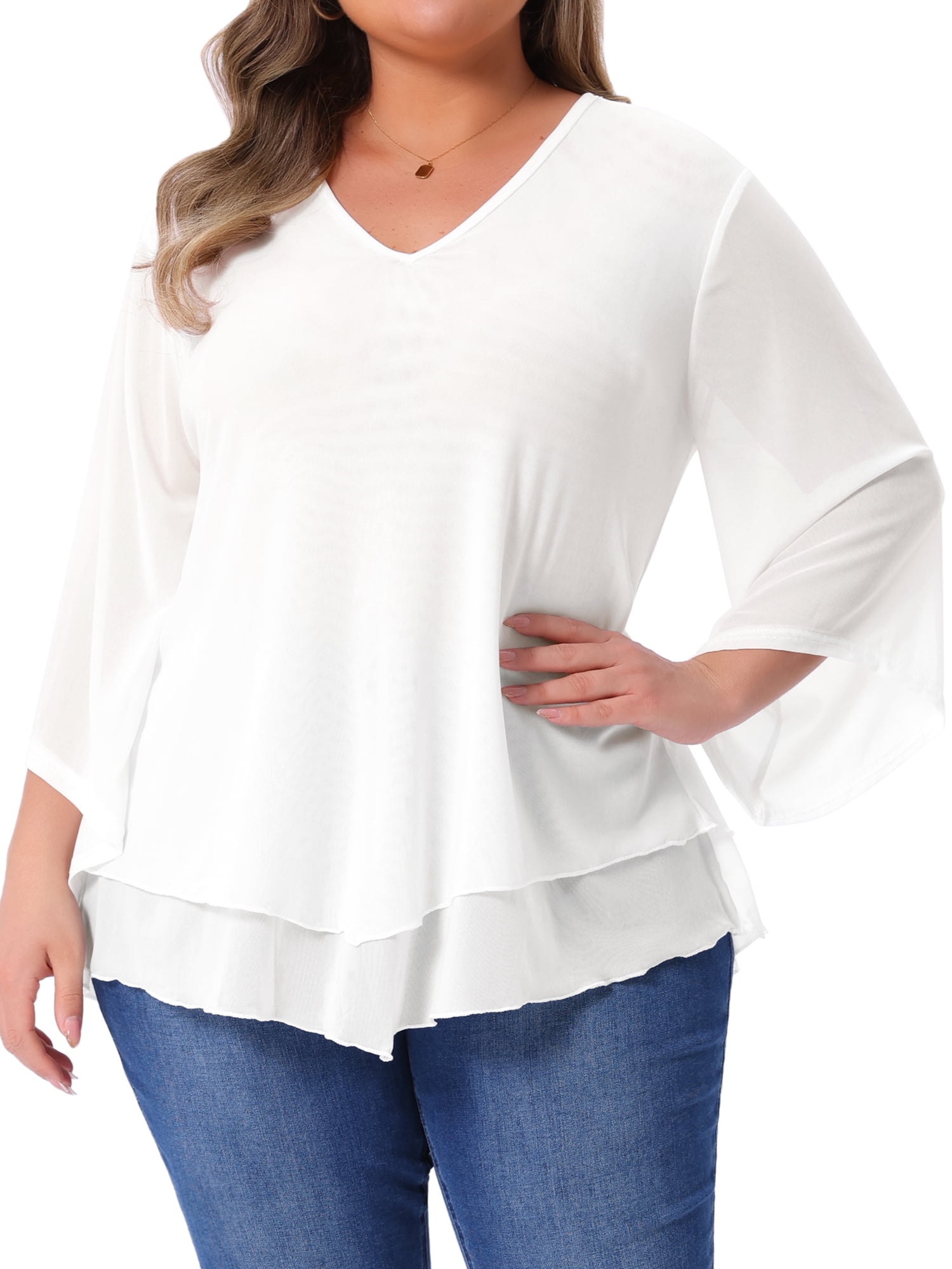Women's Plus Shirt 3/4 Sleeve Scoop Neck Double Layers Blouse Top 3X White