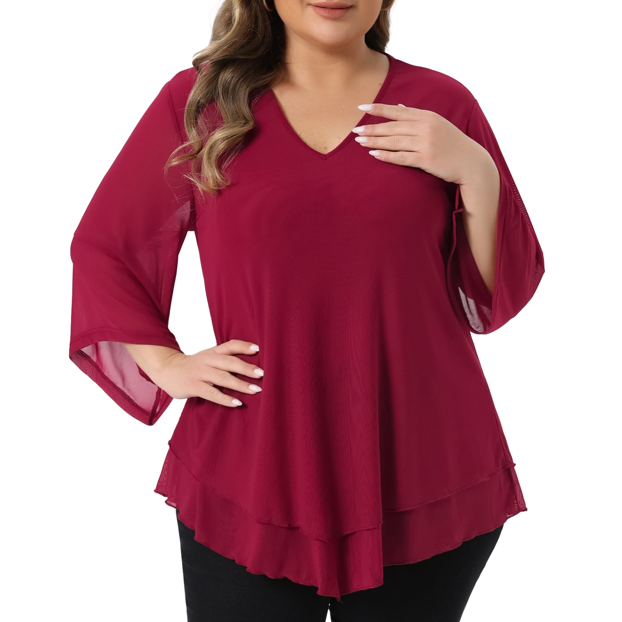 Women's Plus Shirt 3/4 Sleeve Scoop Neck Double Layers Blouse Top 4X Burgundy