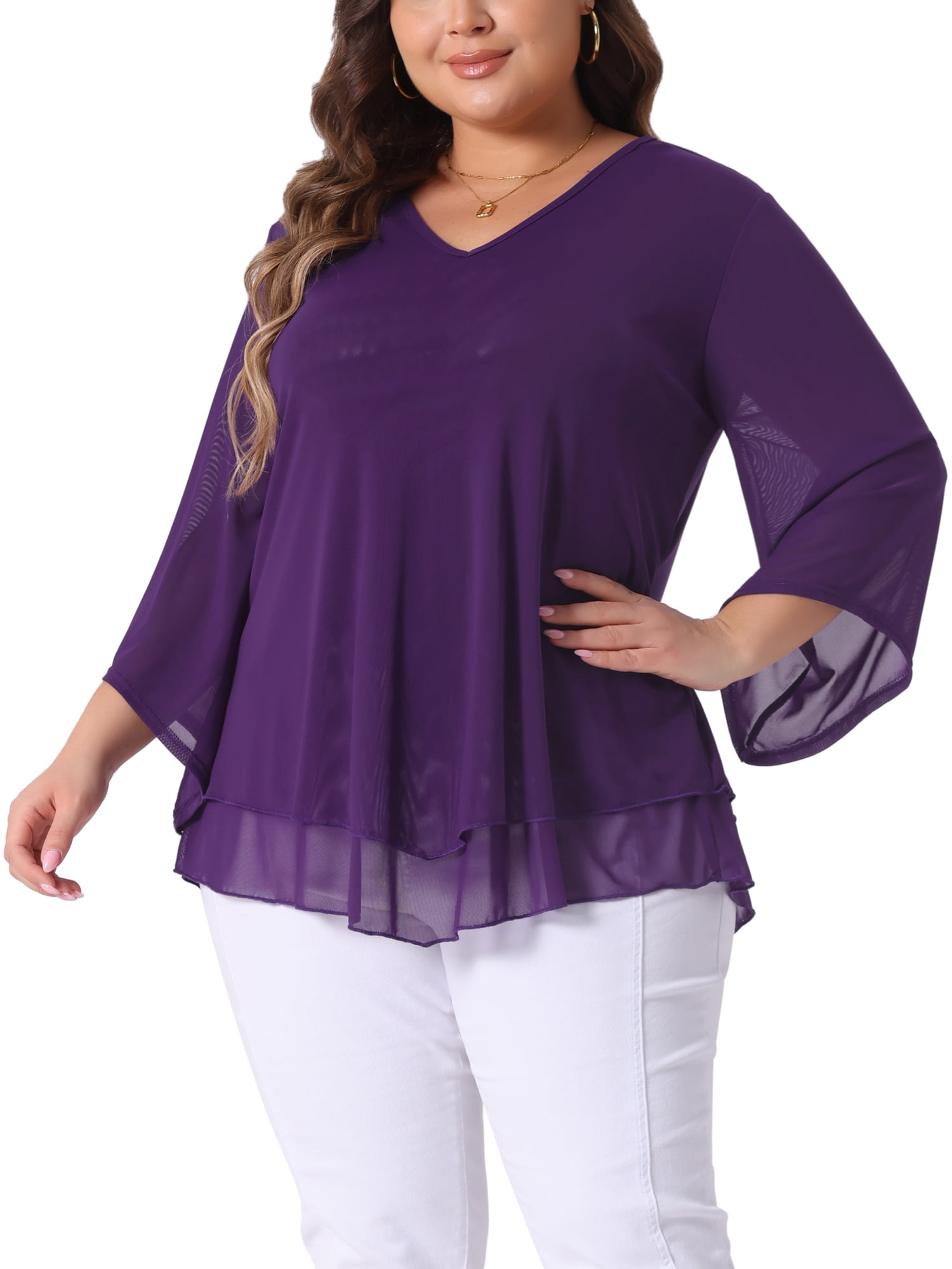 Women's Plus Shirt 3/4 Sleeve Scoop Neck Double Layers Blouse Top L Purple