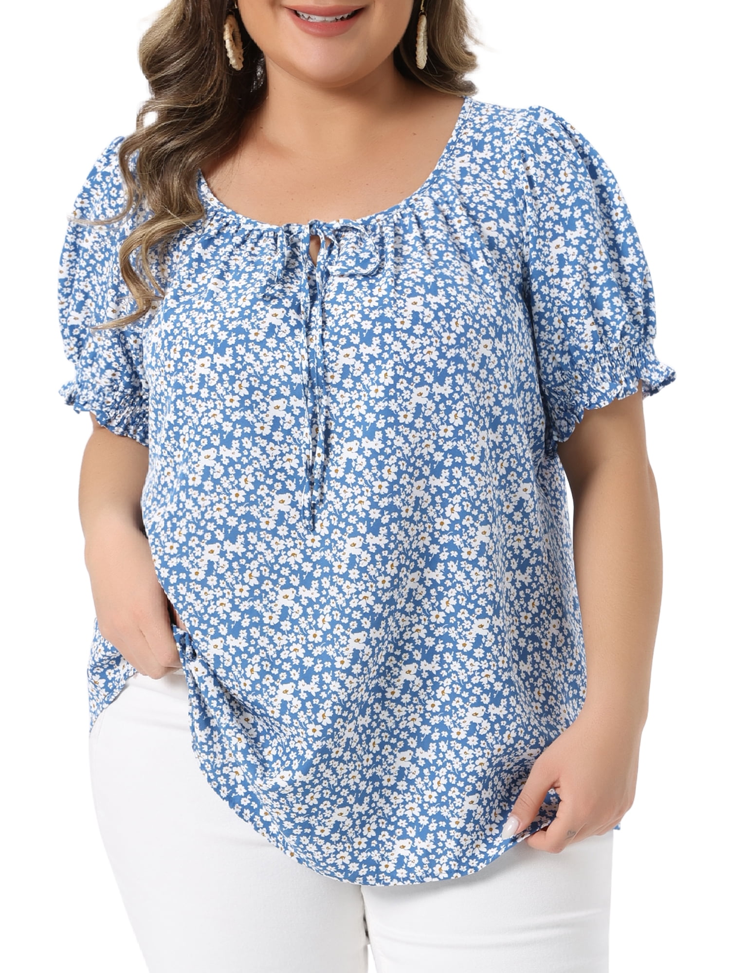 Women's Plus Tops Scoop Neck Notch V Tie Front Short Sleeve Floral Summer Blouses 4X Blue