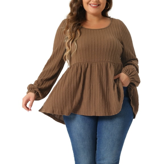 DARING DIVA Women's Plus Scoop Neck Puffle Hem Peplum Knit Top 1X Brown