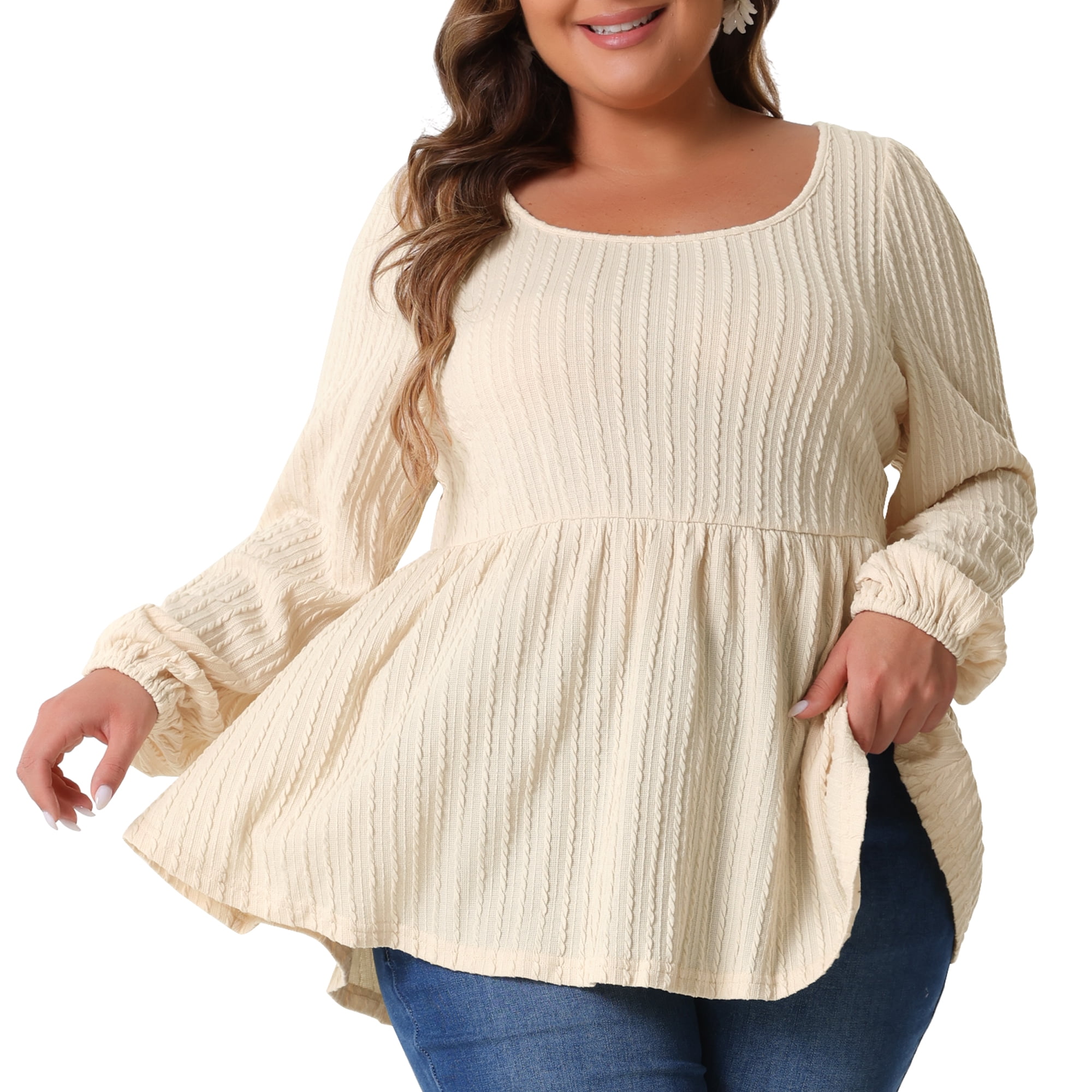 DARING DIVA Women's Plus Blouses Scoop Neck Ruffle Hem Peplum Knit Top 2X Beige
