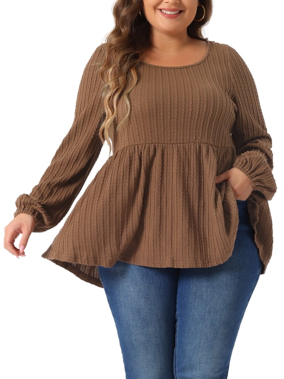 Women's Plus Blouses Scoop Neck Ruffle Hem Peplum Knit Top 2X Brown