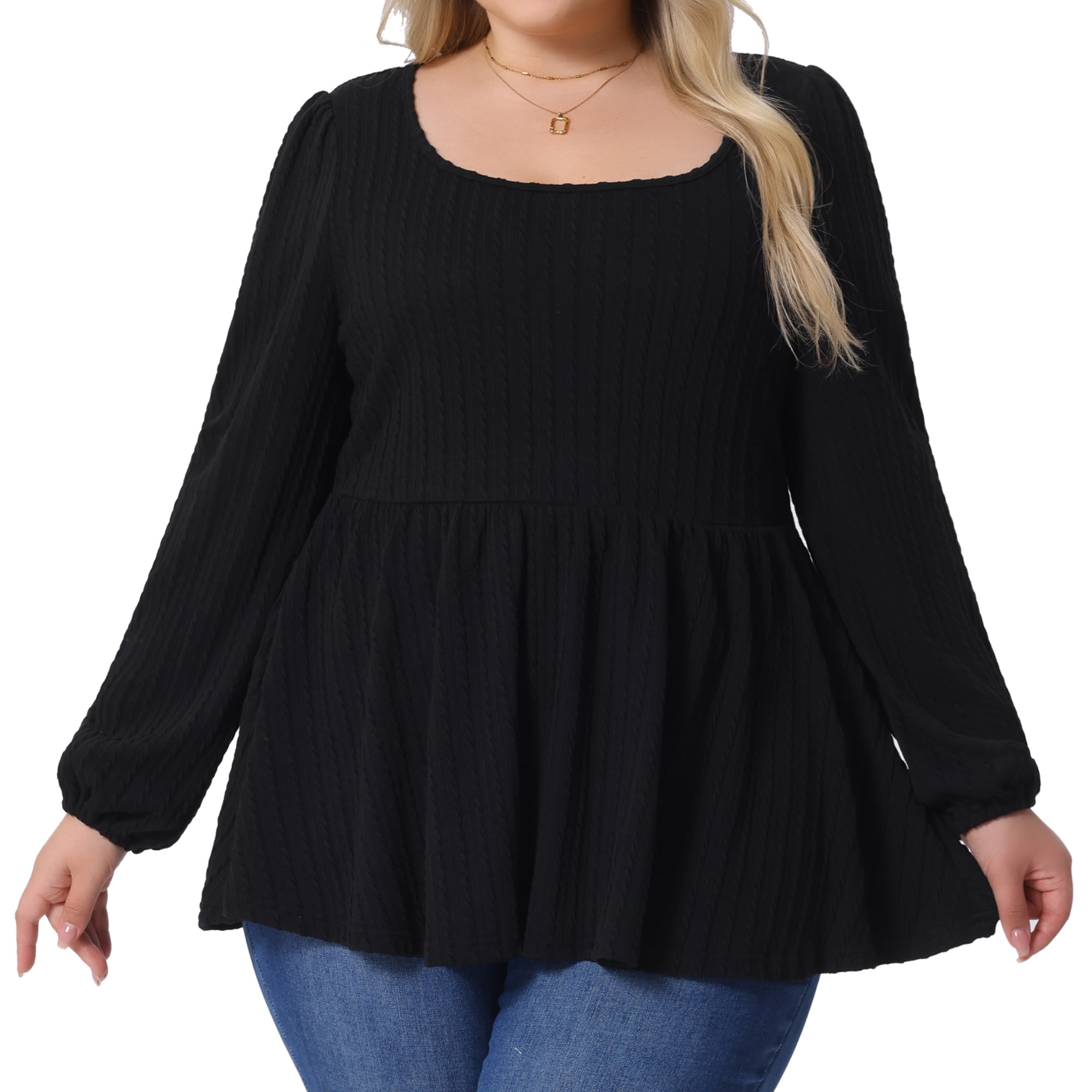 DARING DIVA Women's Plus Blouses Scoop Neck Ruffle Hem Peplum Knit Top 3X Black