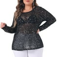 thumbnail image 1 of DARING DIVA Women's Plus See Through Mesh Long Sleeve Crew Neck Party Blouse 1X Black, 1 of 6
