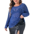thumbnail image 1 of DARING DIVA Women's Plus See Through Mesh Long Sleeve Crew Neck Party Blouse 1X Dark Blue, 1 of 6